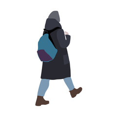 Walking young woman in winter clothes. Girl in a hurry with a backpack. Person staffage on the street