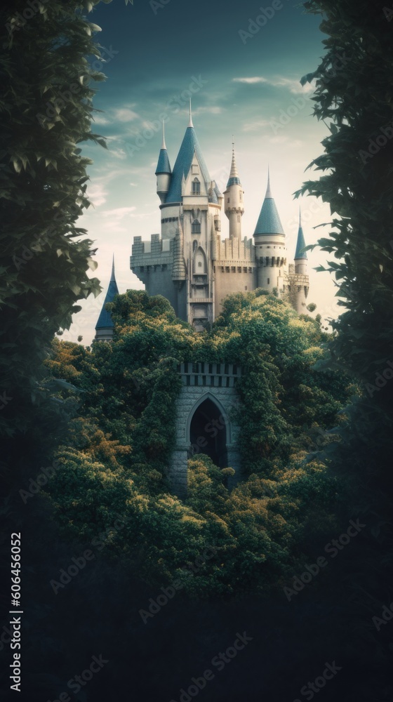 Poster a castle in the middle of a forest. generative ai image.