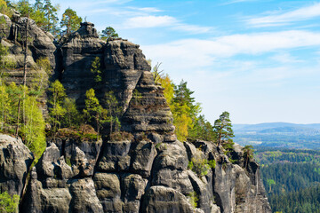 Fototapeta na wymiar View of Sandstone rock formations in the Elbe River Valley, Saxon Switzerland (Sächsische Schweiz) National Park, Saxony, Germany. Elbe Sandstone Mountains