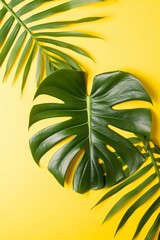 Fototapeta na wymiar Beautiful tropical palm monstera leaves branch isolated on pastel yellow background
