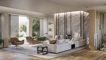 Mountain Rock Wall in modern living room interior. Natural indoor stone wall, 3d rendering