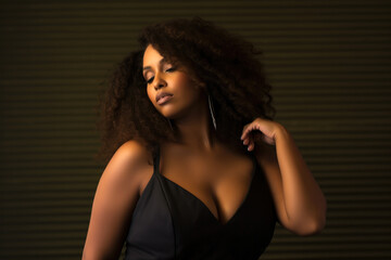Beautiful African American brunette plus size model wearing the black dress portrait. Body positivity and diversity. Generative AI