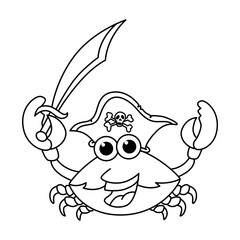Funny crab pirate cartoon characters vector illustration. For kids coloring book.