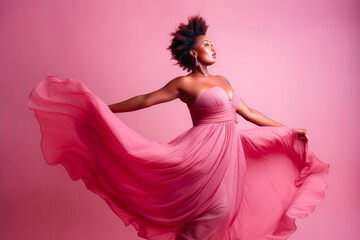 Beautiful American African plus-size model wearing a pink dress portrait on a pink background. Body positivity and diversity. Generative AI - obrazy, fototapety, plakaty