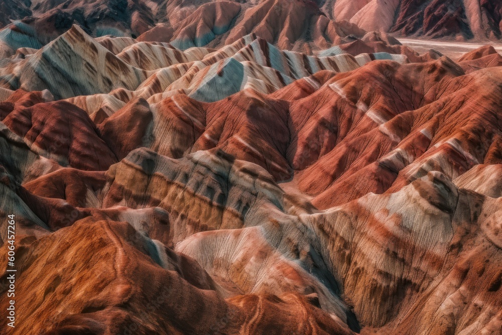 Poster an aerial view of a colorful mountain range. generative ai image.