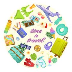 Vector illustrations of accessories for travel and tourism in cartoon style camped in the form of a circle 