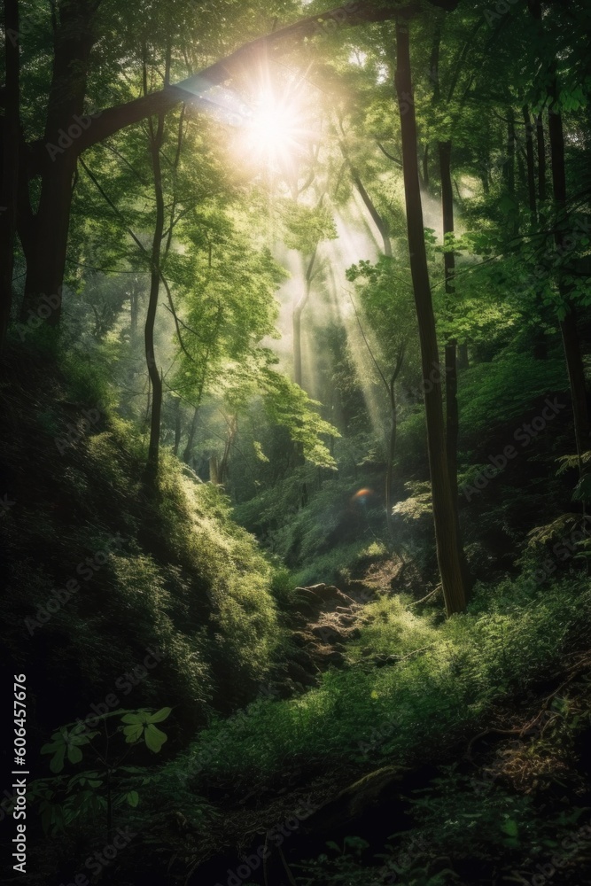 Poster the sun shines through the trees in the forest. generative ai image.