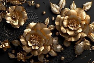 Fototapeta na wymiar 3d mural floral wallpaper. golden and black flowers and leaves. 3d render background wall decor