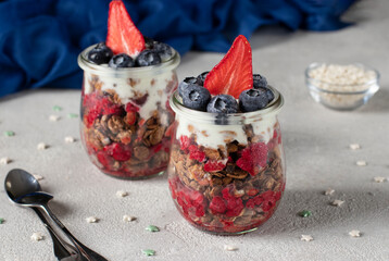 Chocolate granola with strawberries, raspberries and blueberries - a healthy patriotic breakfast for USA Independence Day