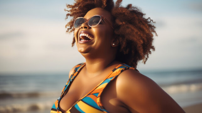 Radiant Laughter: Curvy Black Woman Embracing Joy and Confidence on the Beach. Generative AI