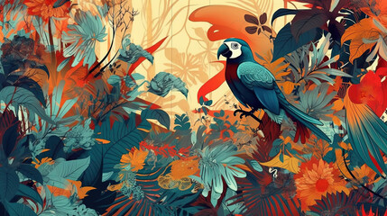 illustrated birds in the jungle, with abstract background, Wallpaper 