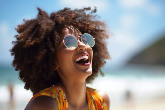 Vibrant Joy: Laughing Black Woman Embracing Afro-Colombian Themes on the Beach. Generative AI