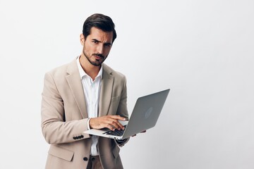 man business suit job studio computer freelancer thoughtful internet copyspace laptop