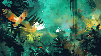 Fototapeta na wymiar illustrated birds in the jungle, with abstract background, Wallpaper 