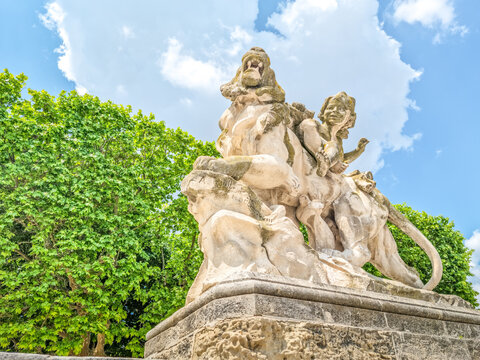 The angel and the lion statue in Tje Peyrou park, Montpellier, France