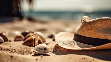 Fototapeta na wymiar Vacation Concept with Straw Hat and Seashells on Tropical Sandy Beach. Generative AI