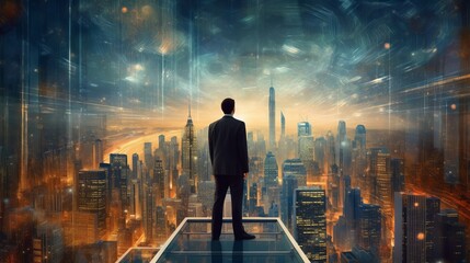 Business man on future network city - Businessman concept - businessman in the city - person in the city - person in front of a city - person with code