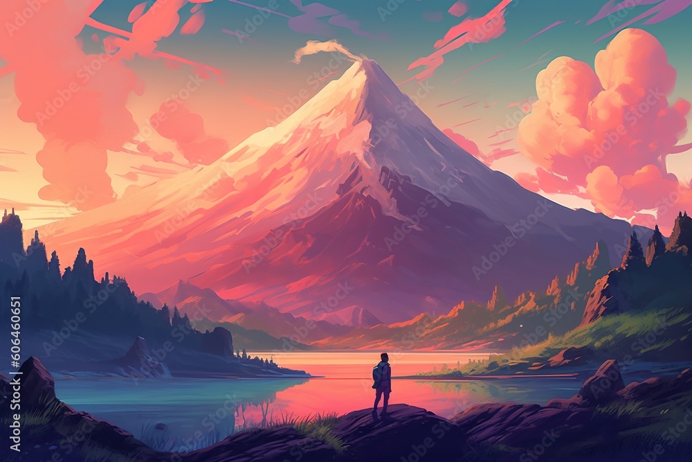 Poster a drawing depicting a guy in front of a mountain generative ai