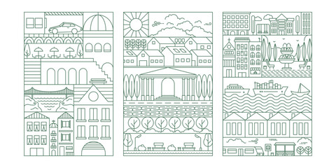 Geometric line cityscape banner. Simple urban landscape, town building park sea recreation zone. Vector package design
