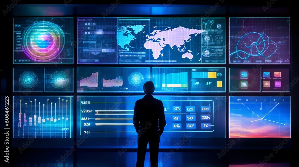 Poster business intelligence analyst dashboard on virtual screen. big data graphs charts, market graph on d