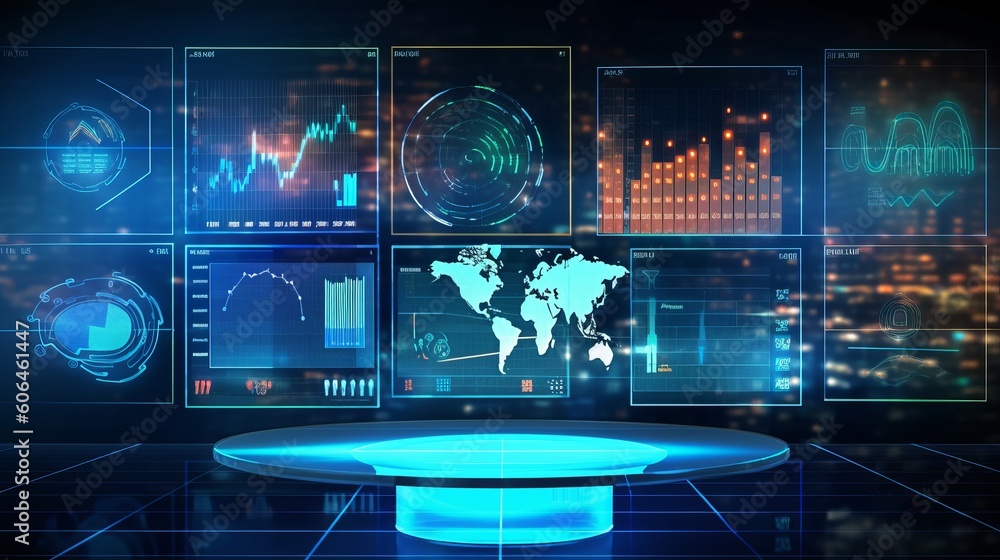 Aufkleber business intelligence analyst dashboard on virtual screen. big data graphs charts, background with l