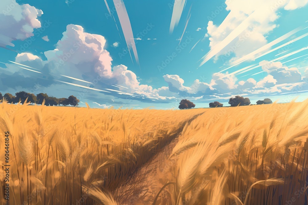 Poster a cartoon depiction of a wheat field with some trees in the background generative ai