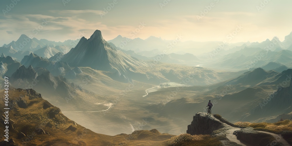 Poster a person standing on the peak of a mountain with a view of a valley below. generative ai