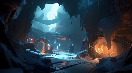 Mystery Cave with Sci-Fi Building by ai generative