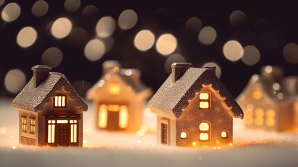 Little decorative houses. Cute small houses at night. Christmas cozy interior decor. X-mas, New Year or Birthday decor. Generative AI. Illustration for poster, cover, card or presentation.
