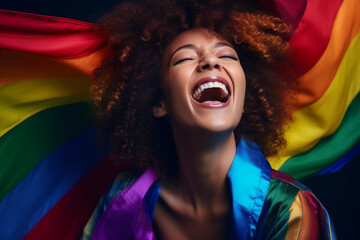 Expressive Generative AI pride photo of a lesbian with a rainbow flag. Inclusive society with equal rights. Pride month celebration of diversity and inclusion.
