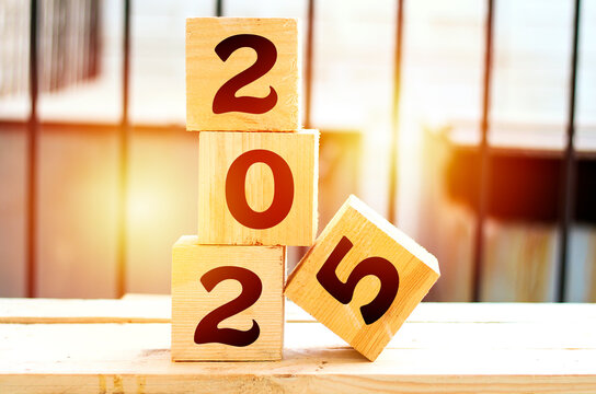 2025 new year greeting card template, 2025 on wooden cubes on wood table