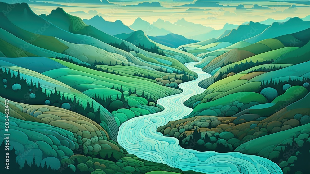 Poster an image depicting a river winding its way across a valley. generative ai