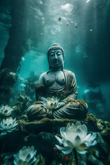 Statue of Buddha Under Water Surrounded with water lilies and Soft Light. generative ai