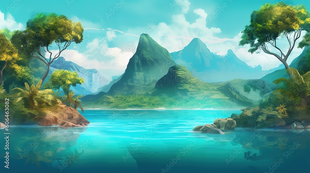 Poster a picture depicting a lake in the mountains that is encircled by trees generative ai