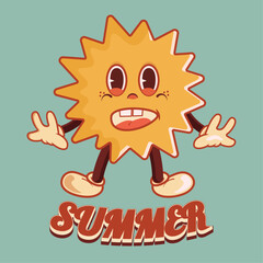 Groovy sun cartoon character with the word summer. Happy and funny sun with eyes and smile. 70s style.