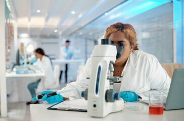 Science, medical and microscope with a woman at work in a laboratory for research or innovation. Healthcare, investigation and development with a female scientist working in a lab for pharmaceuticals
