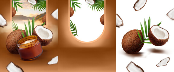 Mask cream jar display cosmetic product brown background coconut png mockup