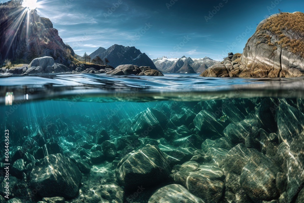 Poster a perspective of rocks and water from below the surface generative ai