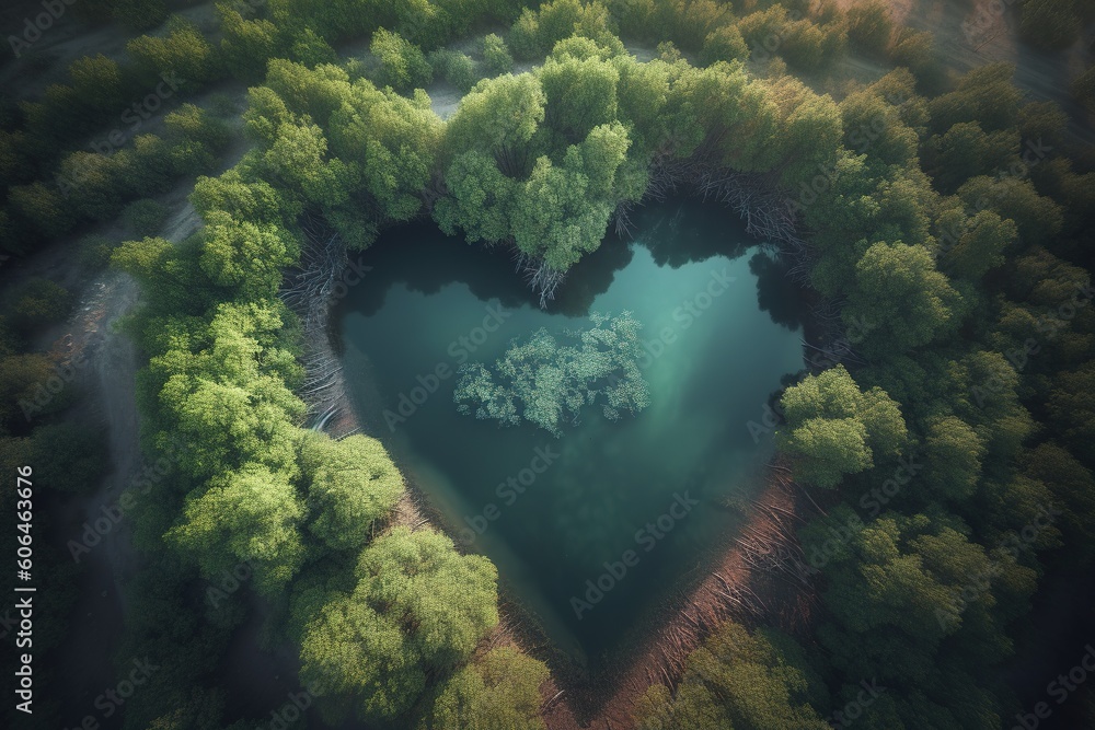 Poster a bird's eye view of a lake in the form of a heart that is surrounded by forest generative ai