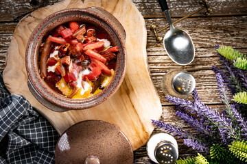 Traditional Ukrainian borscht with cream.