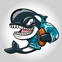 Whale holding a rugby ball. Whale laughing with rugby uniform, mascot of a rugby team. Sport illustration concept.