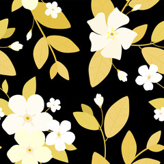 Fototapeta na wymiar Stylish white flowers and golden leaves on a black background. Seamless vector pattern.