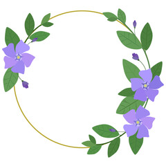 Round gold frame with periwinkle flowers isolated on a white background. Spring vector frame.	