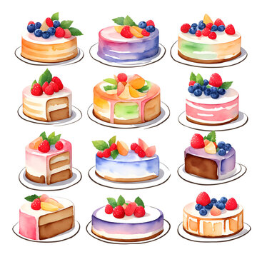 Set of detailed Sticker of Watercolor cute cake with fruits watercolor set graphic clipart design, cute, isometric style, sticker, white background