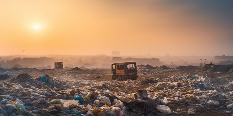 Landfill site expands as far as the eye can see, highlighting the enormity of the garbage disposal problem, concept of Sustainability crisis, created with Generative AI technology
