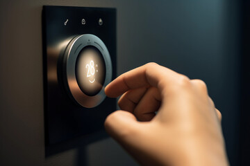 Naklejka premium person adjusting temperature on digital thermostat at home. clean energy. generative ai