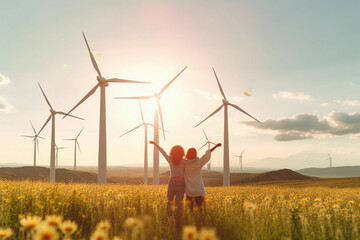 wind clean renewable energy concept, with pretty cheerful women in the field. generative ai - obrazy, fototapety, plakaty