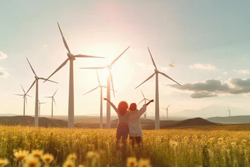 Foto op Plexiglas wind clean renewable energy concept, with pretty cheerful women in the field. generative ai © Felippe Lopes