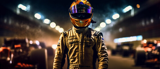 Fototapeta na wymiar racing driver or pilot posing for a photo in front of his car on the track. generative ai