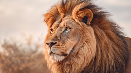 close-up of a lion in profile standing in the middle of a field with dry grass. Generative Ai. 